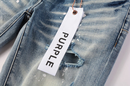 Men Streetwear Skinny Jeans Light Blue Wash with Heavy Distressed Rips and White Paint Splatter 9003