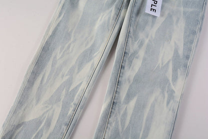 Men Streetwear Skinny Jeans Light Blue Wash with White Brushstroke Texture 7017