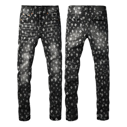 Men Classic Street Skinny Jeans Dark Grey Monogram Print All Over Distressed Style 9112