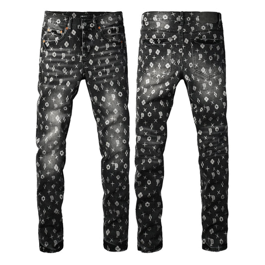 Men Classic Street Skinny Jeans Dark Grey Monogram Print All Over Distressed Style 9112
