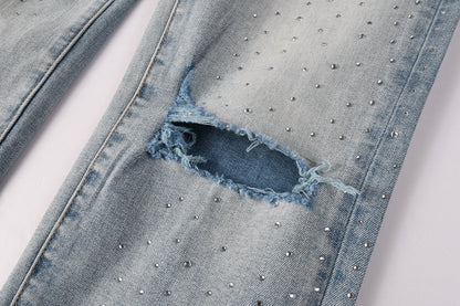 Men Streetwear Skinny Jeans Light Blue with Rhinestone Studs and Distressed Details PU9119