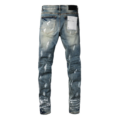 Men Streetwear Skinny Jeans Light Blue Wash with White Paint Brush Strokes 9060