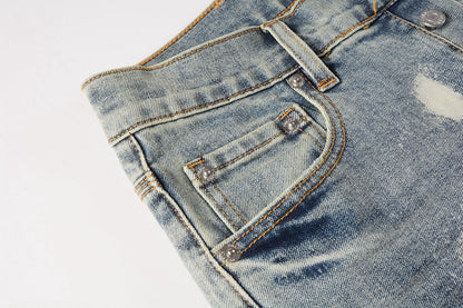 Men Streetwear Jeans Distressed Light Blue Paint Dot Ripped skinny 9092