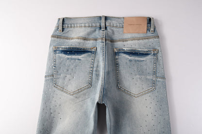 Men Streetwear Skinny Jeans Light Blue with Rhinestone Studs and Distressed Details PU9119
