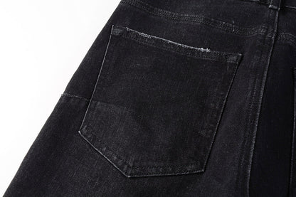 Men Streetwear Skinny Jeans Black Wash with Knee Rips and White Paint Specks 9035
