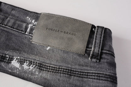 Men Streetwear Skinny Jeans Dark Gray Wash with Knee Rips and White Paint Splatter 9039