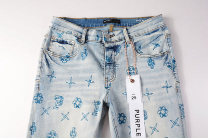 Men Streetwear Skinny Jeans Light Blue Wash with White Paint Brush Strokes 9063