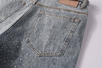 Men Streetwear Straight Denim Shorts Grey Wash with Rhinestone Speckles and Seam Accents 5096