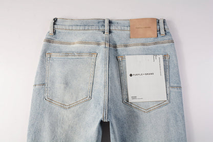 Men Streetwear Skinny Jeans Light Blue Wash with Knee Ripped Details and Black Lining 9010